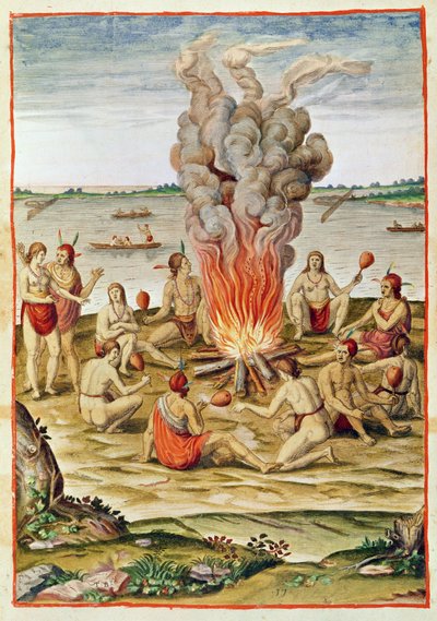 Admiranta Narratio, la celebrazione di una vittoria intorno a un fuoco (pagina 79, tavola 17), 1585-88 da Theodore de Bry